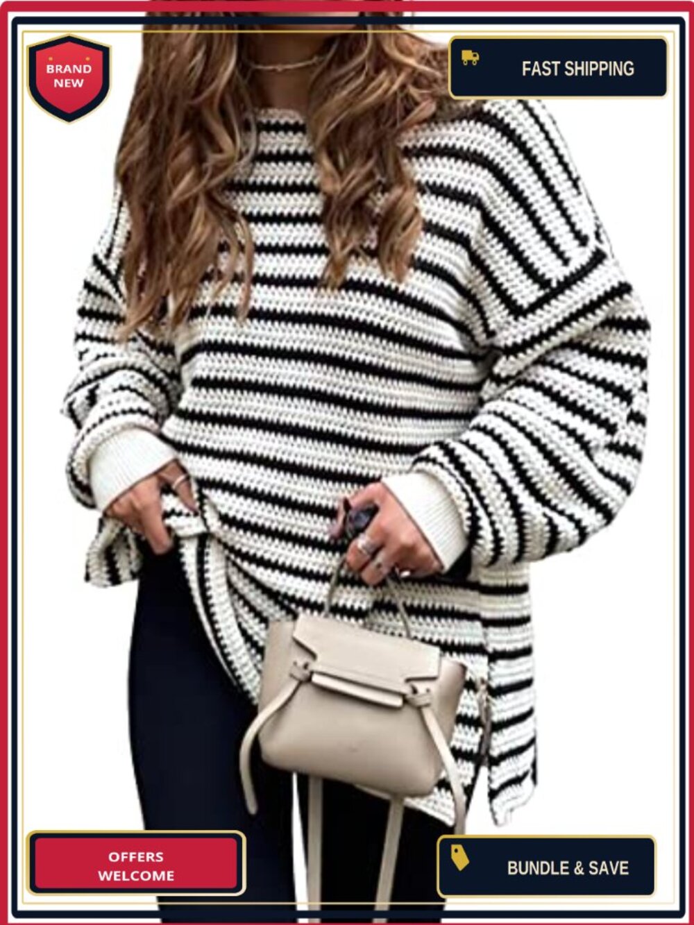 Oversized Striped Knit Pullover Sweater with Side Split Tunic Casual Long Sleeve